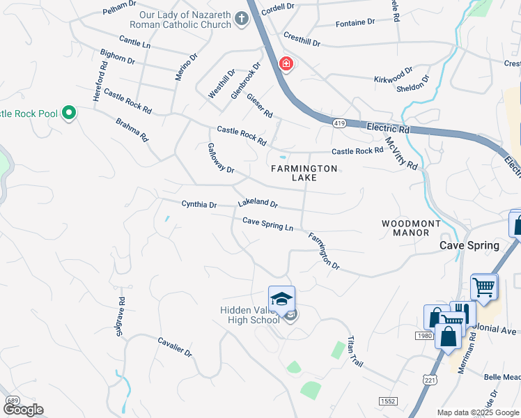 map of restaurants, bars, coffee shops, grocery stores, and more near 5428 Lakeland Drive in Cave Spring