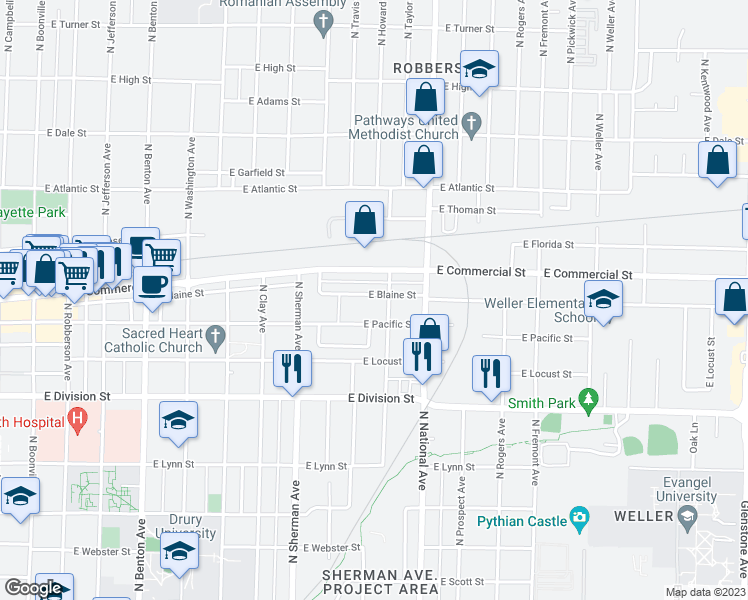 map of restaurants, bars, coffee shops, grocery stores, and more near 1064 East Blaine Street in Springfield