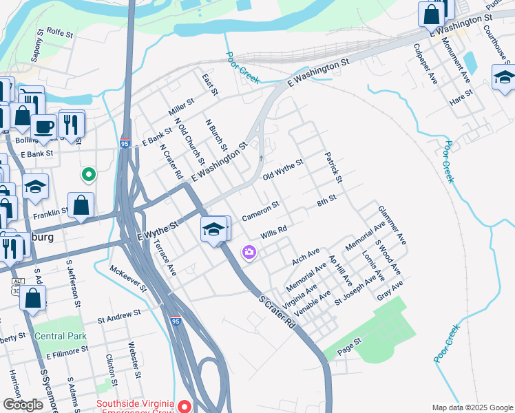 map of restaurants, bars, coffee shops, grocery stores, and more near 841 Cameron Street in Petersburg