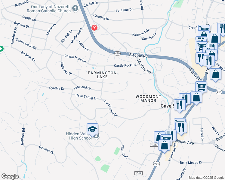 map of restaurants, bars, coffee shops, grocery stores, and more near 5234 Green Meadow Road in Cave Spring