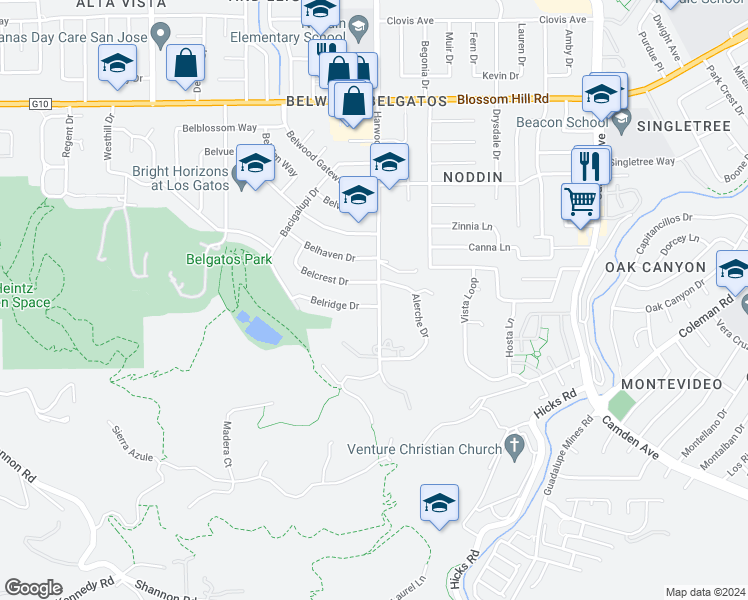 map of restaurants, bars, coffee shops, grocery stores, and more near 103 Belridge Drive in Los Gatos