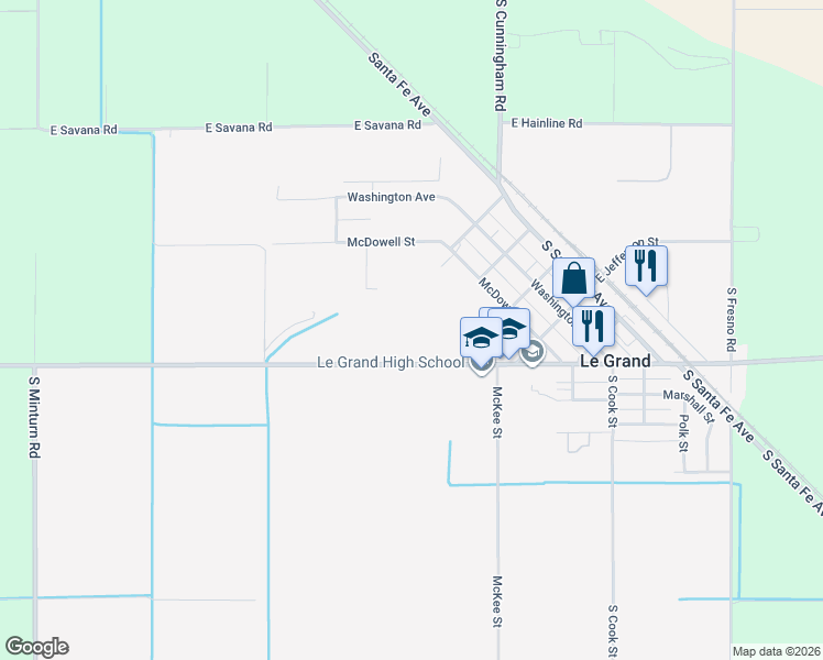 map of restaurants, bars, coffee shops, grocery stores, and more near 12800 Le Grand Road in Le Grand