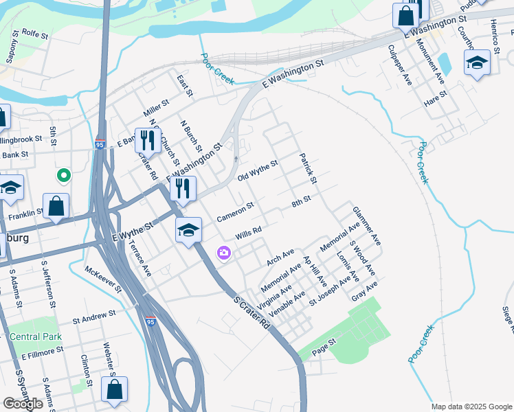 map of restaurants, bars, coffee shops, grocery stores, and more near 124 Center Street in Petersburg