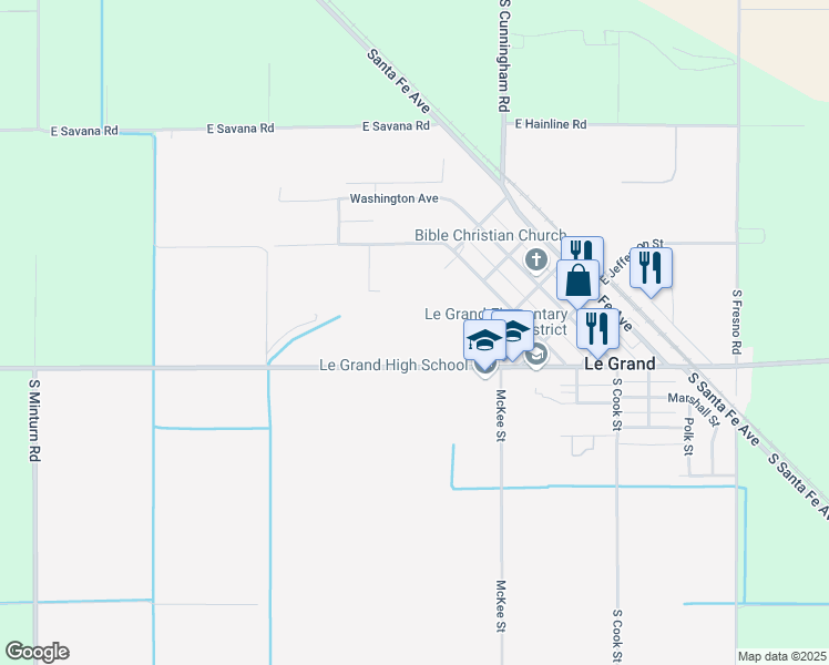 map of restaurants, bars, coffee shops, grocery stores, and more near 12800 Le Grand Road in Le Grand