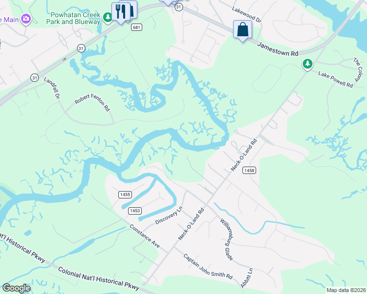 map of restaurants, bars, coffee shops, grocery stores, and more near 4400 Landfall Drive in Williamsburg