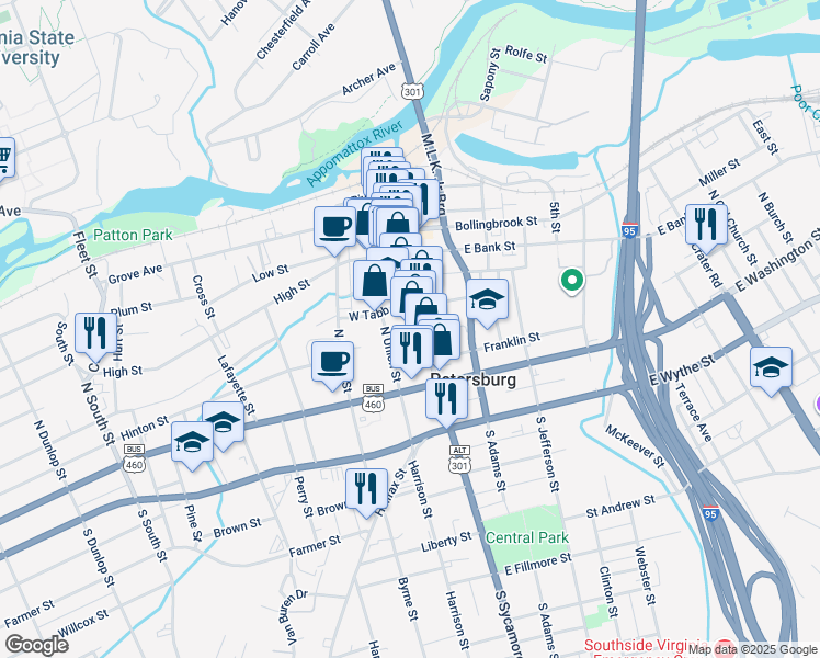 map of restaurants, bars, coffee shops, grocery stores, and more near 146 North Sycamore Street in Petersburg