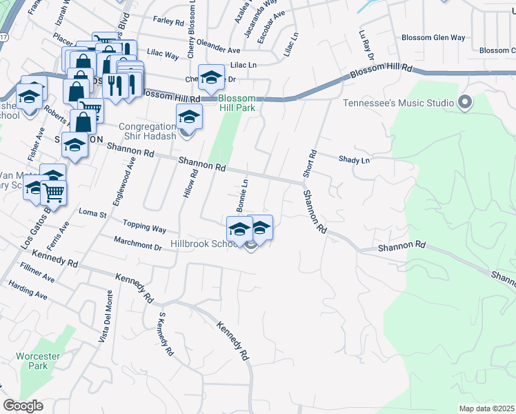 map of restaurants, bars, coffee shops, grocery stores, and more near Bonnie Lane in Los Gatos