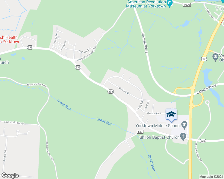 map of restaurants, bars, coffee shops, grocery stores, and more near 407 Goosley Road in Yorktown