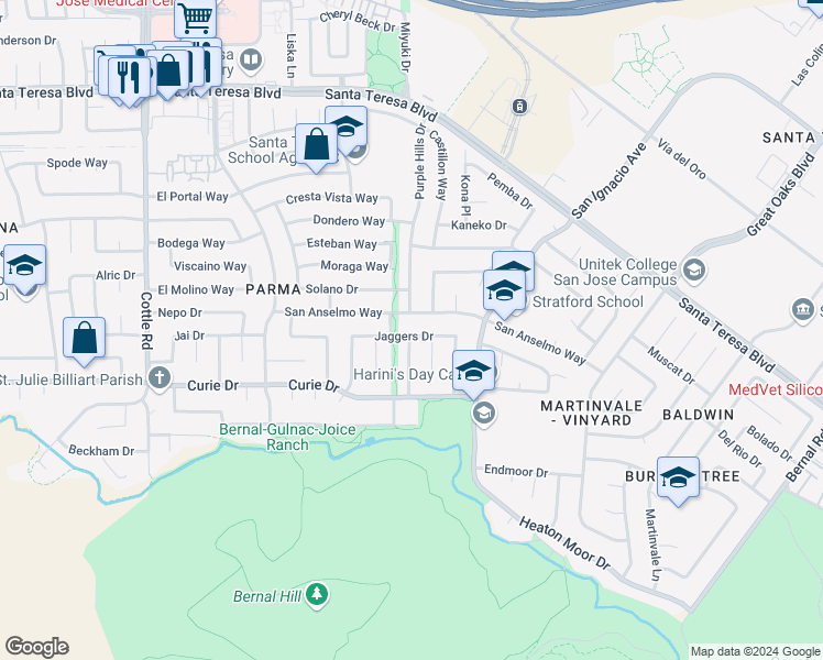 map of restaurants, bars, coffee shops, grocery stores, and more near 273 Jaggers Drive in San Jose
