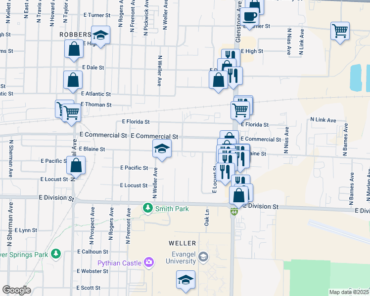 map of restaurants, bars, coffee shops, grocery stores, and more near 1608 East Commercial Street in Springfield
