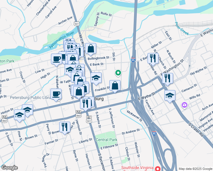 map of restaurants, bars, coffee shops, grocery stores, and more near 107 North Jefferson Street in Petersburg