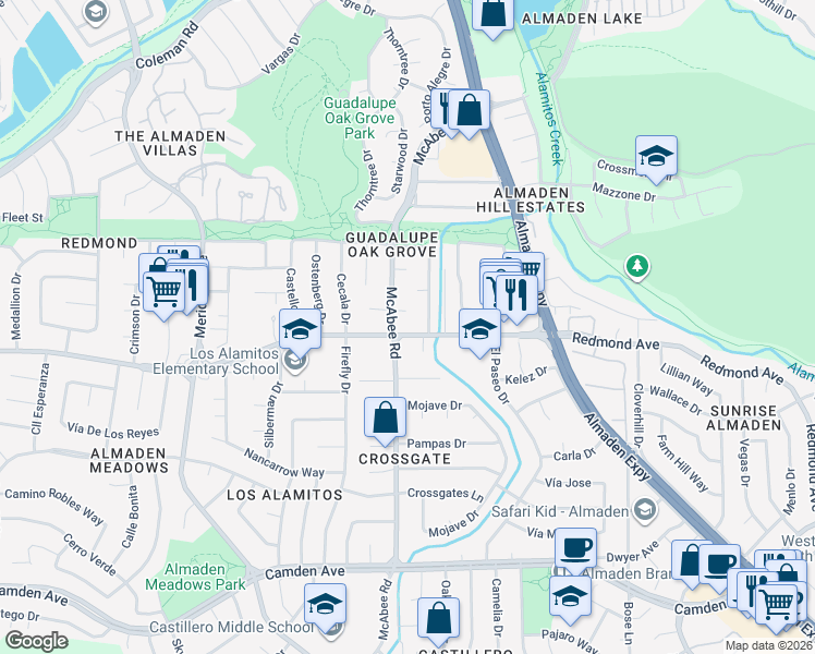 map of restaurants, bars, coffee shops, grocery stores, and more near 6166 McAbee Road in San Jose