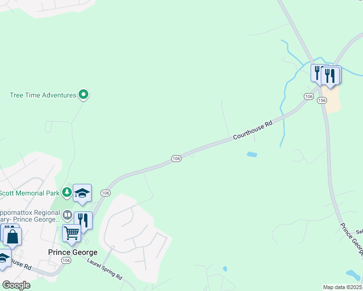 map of restaurants, bars, coffee shops, grocery stores, and more near 7118 Courthouse Road in Prince George