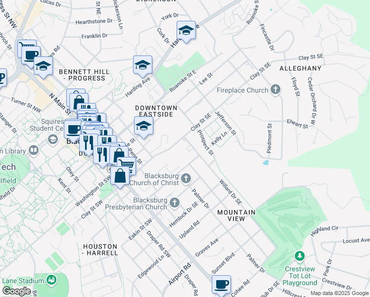 map of restaurants, bars, coffee shops, grocery stores, and more near 318 Willard Drive Southeast in Blacksburg