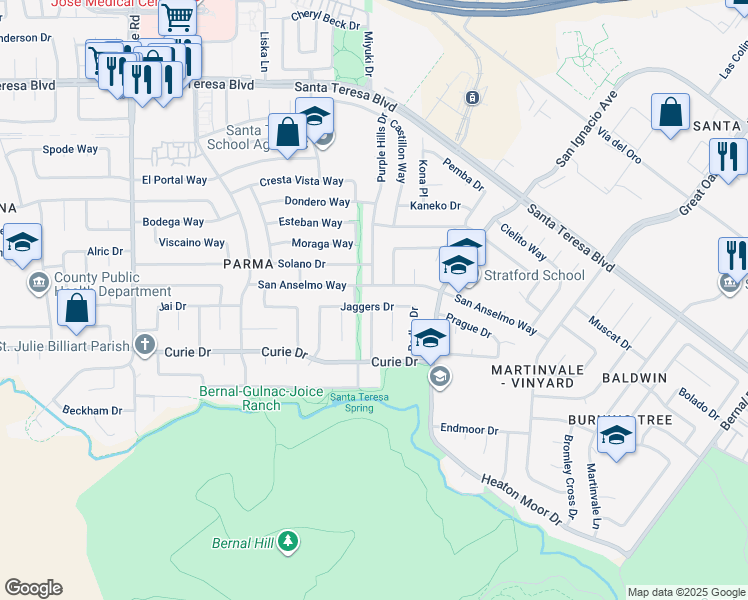 map of restaurants, bars, coffee shops, grocery stores, and more near 273 Jaggers Drive in San Jose