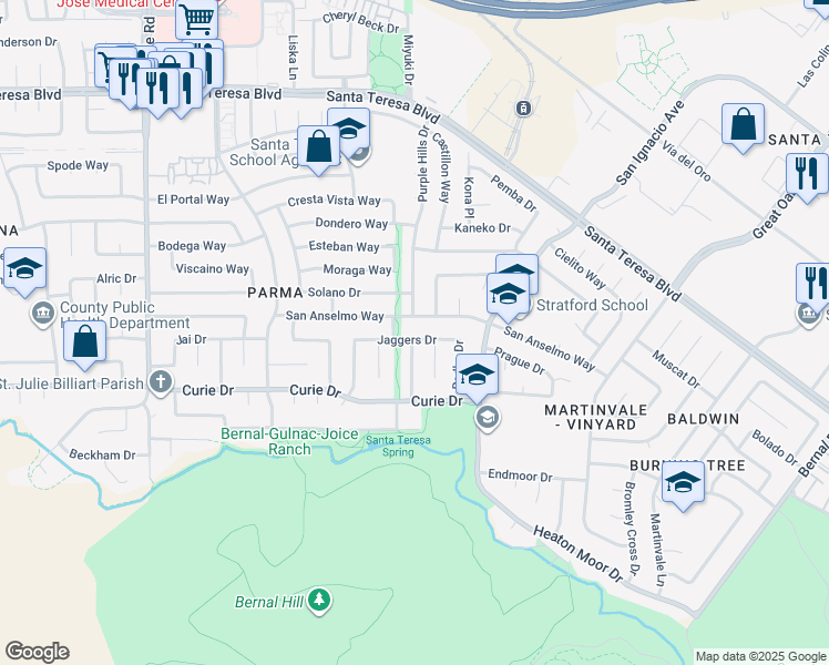 map of restaurants, bars, coffee shops, grocery stores, and more near 273 Jaggers Drive in San Jose