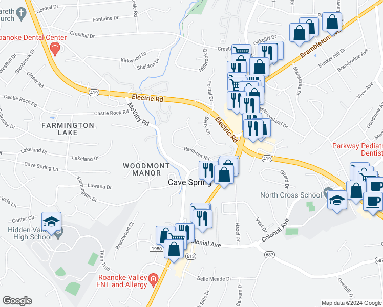 map of restaurants, bars, coffee shops, grocery stores, and more near 3305 Rasmont Road in Cave Spring