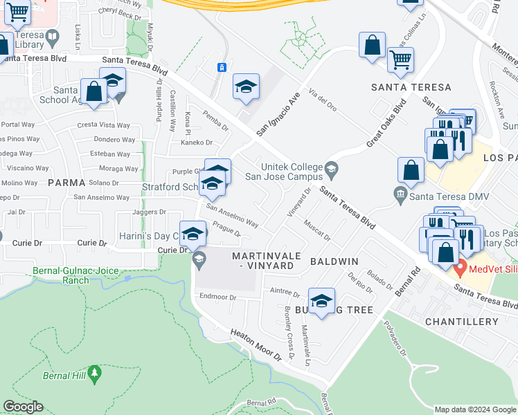 map of restaurants, bars, coffee shops, grocery stores, and more near Catamaran St & Altiplano Way in San Jose