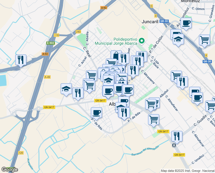map of restaurants, bars, coffee shops, grocery stores, and more near 15 Calle Granada in Albolote