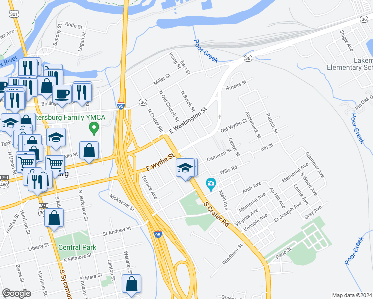 map of restaurants, bars, coffee shops, grocery stores, and more near 720 East Wythe Street in Petersburg