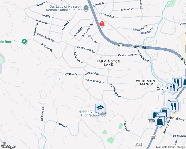map of restaurants, bars, coffee shops, grocery stores, and more near 5428 Lakeland Drive in Cave Spring
