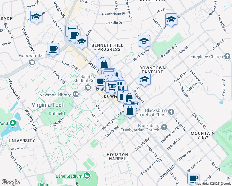 map of restaurants, bars, coffee shops, grocery stores, and more near 108 North Main Street in Blacksburg