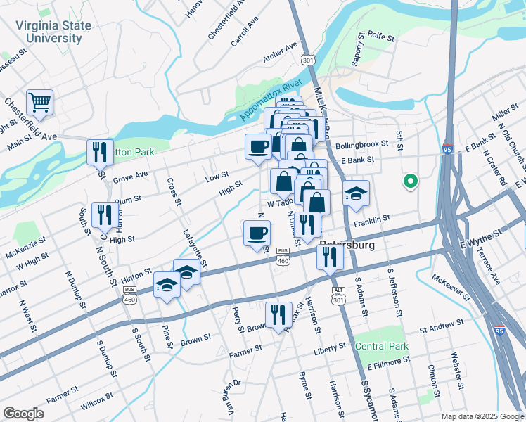 map of restaurants, bars, coffee shops, grocery stores, and more near 206 North Market Street in Petersburg