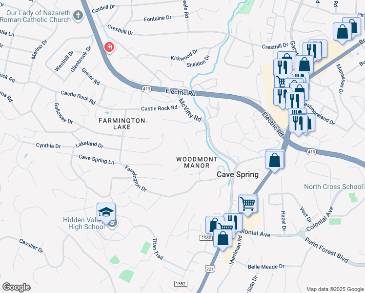 map of restaurants, bars, coffee shops, grocery stores, and more near 5022 Woodmont Drive in Cave Spring