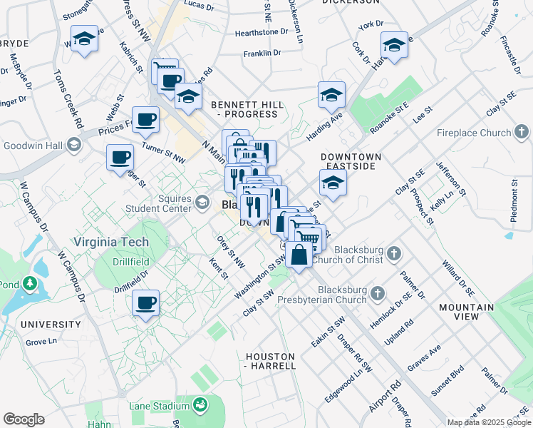map of restaurants, bars, coffee shops, grocery stores, and more near 112 N Main St in Blacksburg