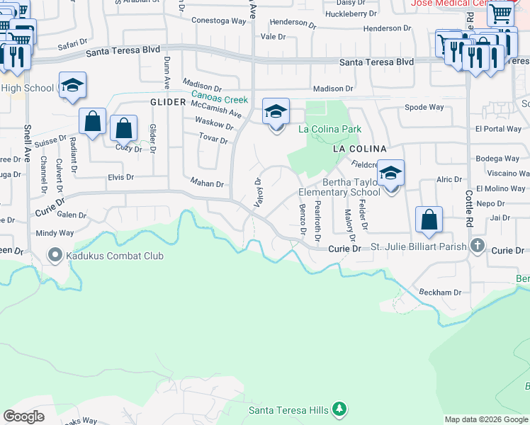map of restaurants, bars, coffee shops, grocery stores, and more near 6209 Valroy Drive in San Jose