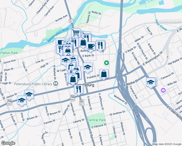 map of restaurants, bars, coffee shops, grocery stores, and more near 18 Centre Hill Court in Petersburg