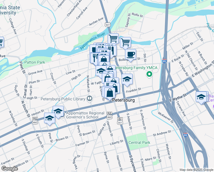 map of restaurants, bars, coffee shops, grocery stores, and more near 146 North Sycamore Street in Petersburg