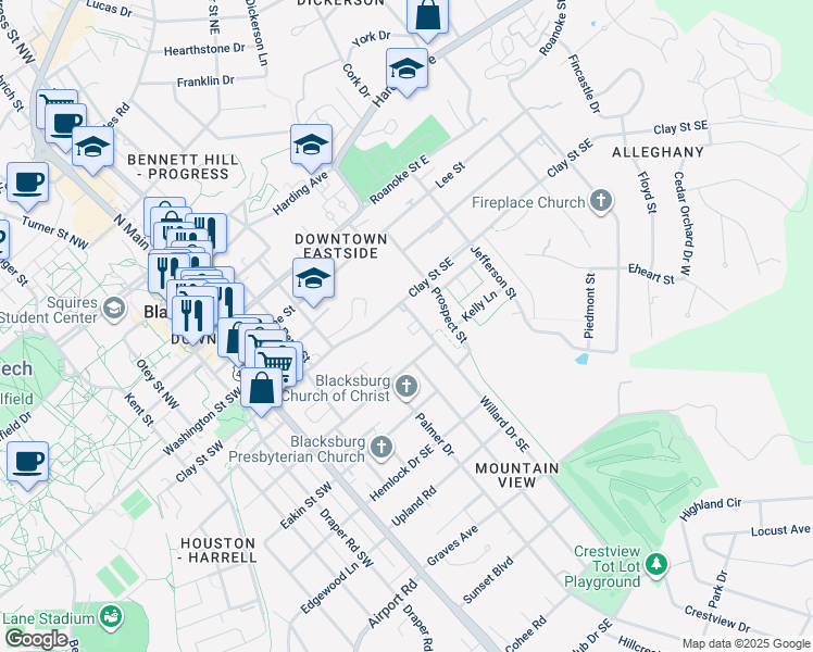 map of restaurants, bars, coffee shops, grocery stores, and more near 403 Willard Drive Southeast in Blacksburg