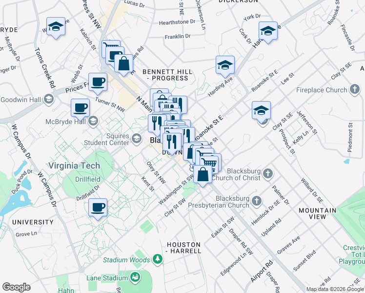 map of restaurants, bars, coffee shops, grocery stores, and more near 203 Wharton Street Southeast in Blacksburg