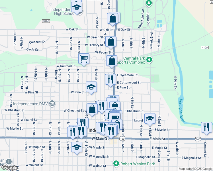 map of restaurants, bars, coffee shops, grocery stores, and more near 705 Washington Street in Independence