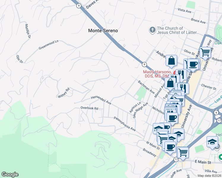 map of restaurants, bars, coffee shops, grocery stores, and more near 16325 Oakhurst Drive in Monte Sereno