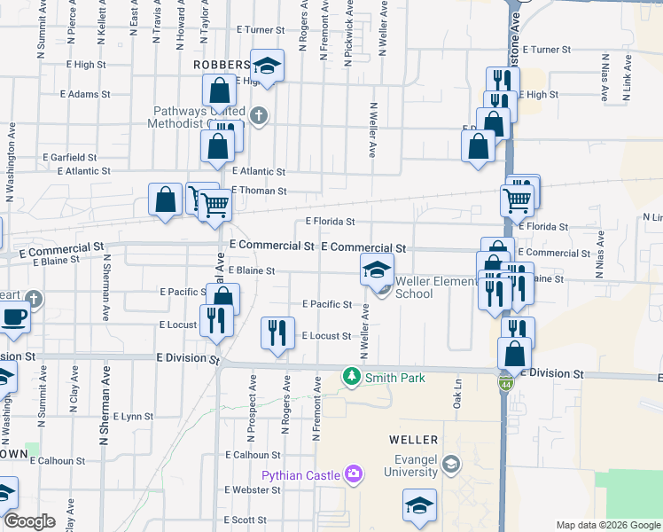 map of restaurants, bars, coffee shops, grocery stores, and more near 1408 East Commercial Street in Springfield