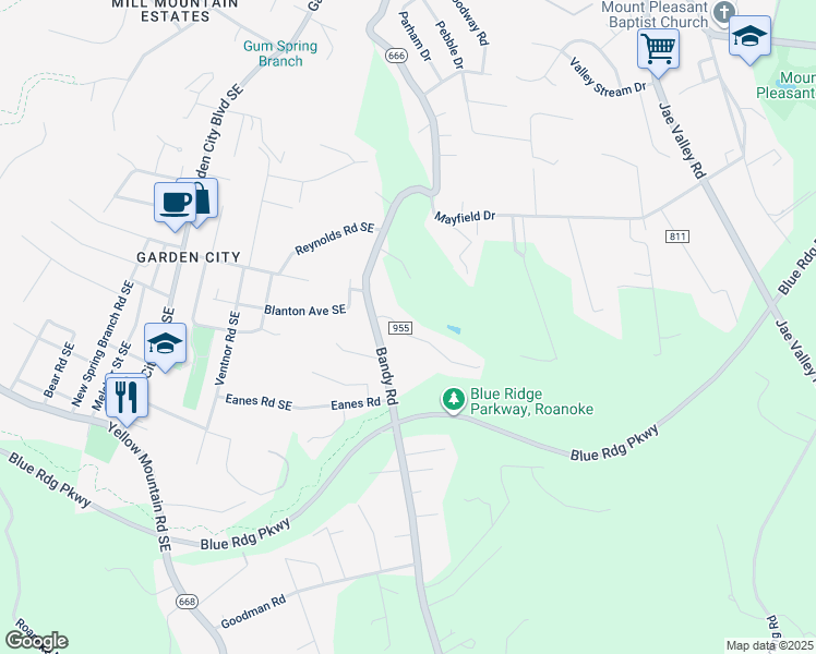 map of restaurants, bars, coffee shops, grocery stores, and more near 1632 Indian Rock Road in Roanoke