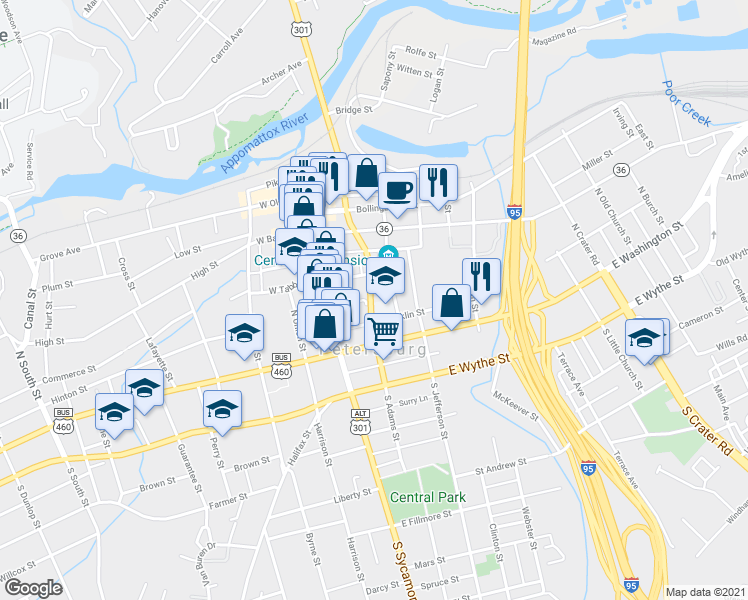 map of restaurants, bars, coffee shops, grocery stores, and more near 121 North Adams Street in Petersburg
