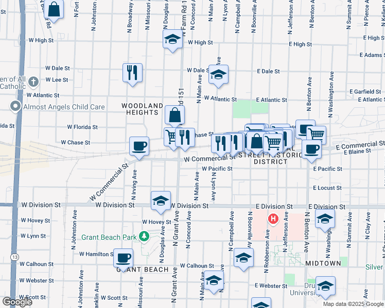 map of restaurants, bars, coffee shops, grocery stores, and more near 1834 N Grant Ave in Springfield