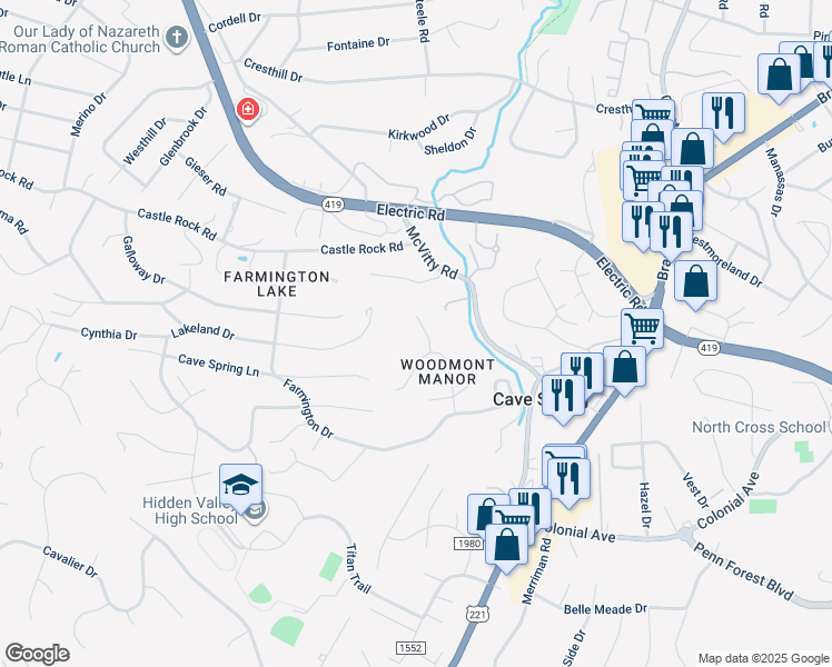 map of restaurants, bars, coffee shops, grocery stores, and more near 5022 Woodmont Drive in Cave Spring