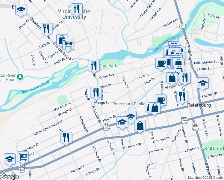 map of restaurants, bars, coffee shops, grocery stores, and more near 601 Gilliam Street in Petersburg