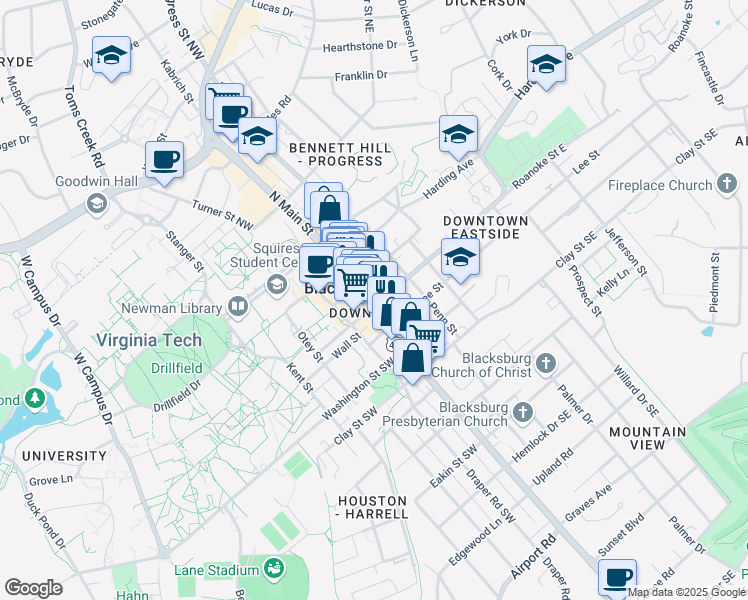 map of restaurants, bars, coffee shops, grocery stores, and more near in Blacksburg