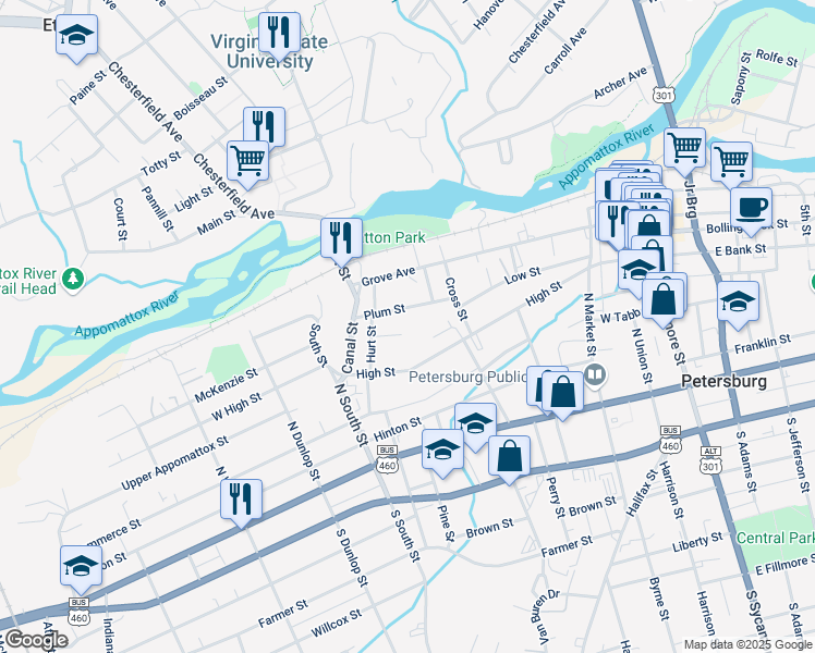 map of restaurants, bars, coffee shops, grocery stores, and more near 601 Gilliam Street in Petersburg