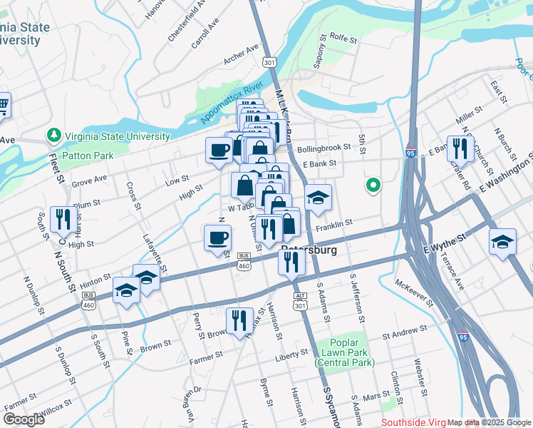 map of restaurants, bars, coffee shops, grocery stores, and more near 146 North Sycamore Street in Petersburg