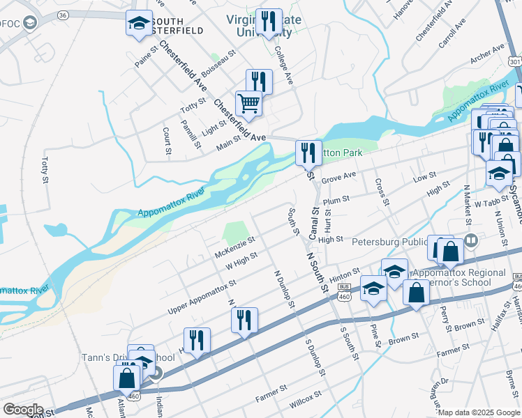 map of restaurants, bars, coffee shops, grocery stores, and more near 845 Fort Henry Street in Petersburg