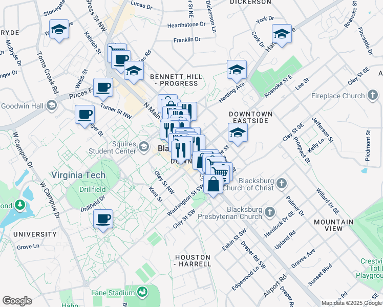 map of restaurants, bars, coffee shops, grocery stores, and more near 112 North Main Street in Blacksburg