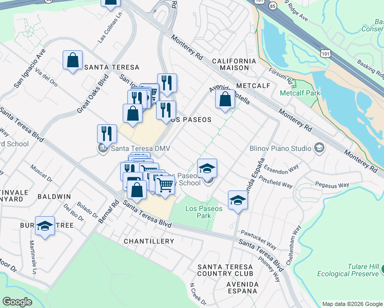 map of restaurants, bars, coffee shops, grocery stores, and more near 7045 Vía Barranca in San Jose