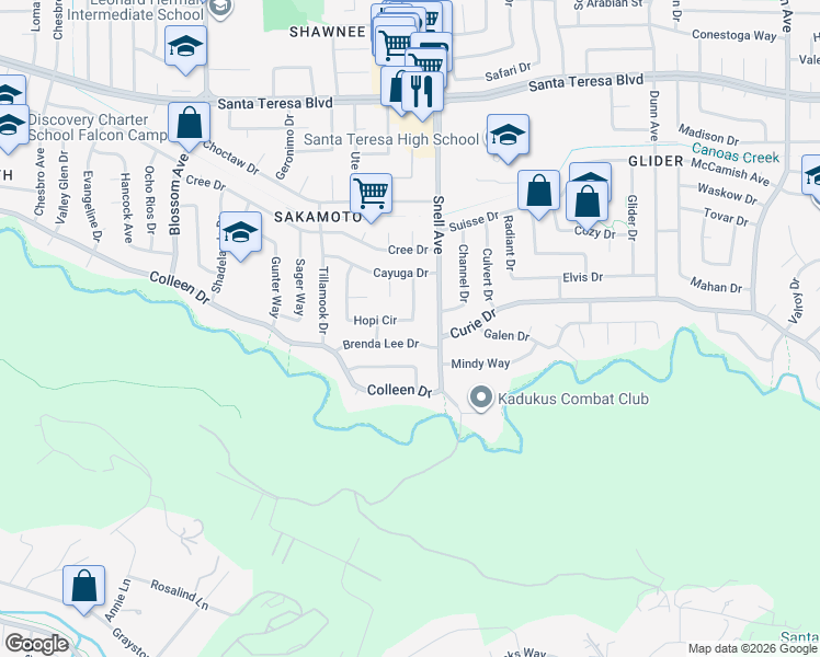 map of restaurants, bars, coffee shops, grocery stores, and more near 6268 Hopi Circle in San Jose