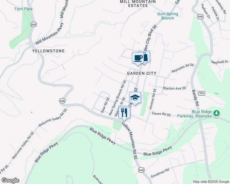 map of restaurants, bars, coffee shops, grocery stores, and more near 3601 New Spring Branch Road Southeast in Roanoke